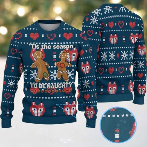 Dark Blue Ugly Christmas Sweater with Red and White Heart and Snowflake Pattern Featuring Funny Gingerbread Couple “Tis the Season to Be Naughty”