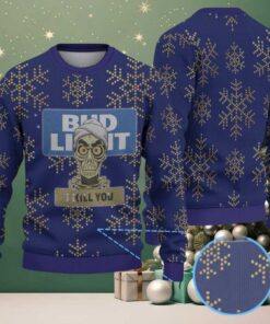 Dark Blue and Gold Snowflake Pattern “Bud Light I Kill You” Ugly Christmas Sweater