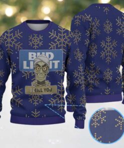 Dark Blue and Gold Snowflake Pattern “Bud Light I Kill You” Ugly Christmas Sweater