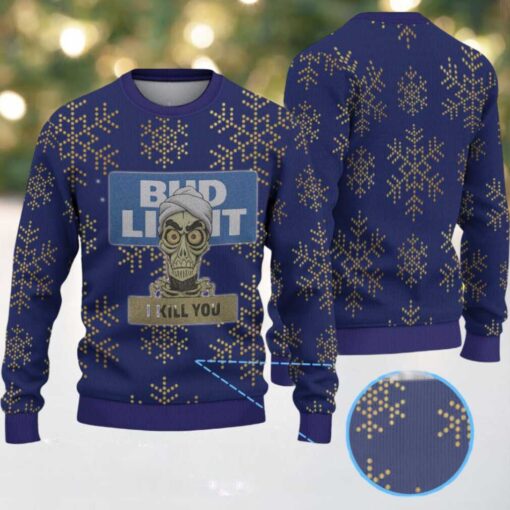 Dark Blue and Gold Snowflake Pattern “Bud Light I Kill You” Ugly Christmas Sweater