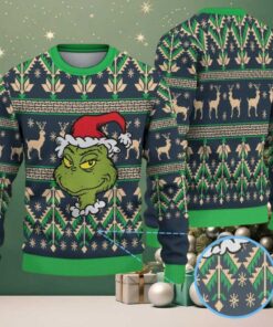 Dark Green & Beige Reindeer and Christmas Tree Pattern Grinch with Santa Hat Ugly Christmas Sweater Dark Green & Beige Reindeer and Christmas Tree Pattern Grinch with Santa Hat Ugly Christmas Sweater