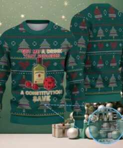 Dark Green Christmas Tree and Heart Pattern “Get Me a Drink That Requires a Constitution Save” Ugly Christmas Sweater Featuring Jameson Irish Whiskey