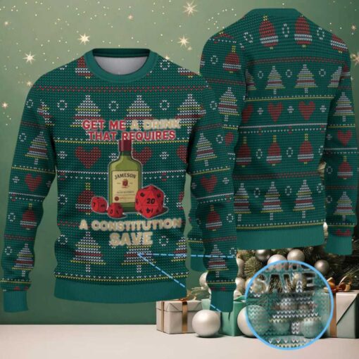 Dark Green Christmas Tree and Heart Pattern “Get Me a Drink That Requires a Constitution Save” Ugly Christmas Sweater Featuring Jameson Irish Whiskey