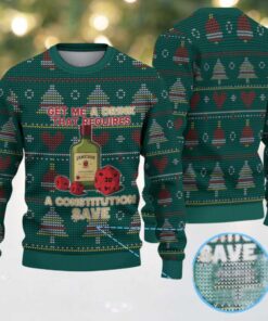 Dark Green Christmas Tree and Heart Pattern “Get Me a Drink That Requires a Constitution Save” Ugly Christmas Sweater Featuring Jameson Irish Whiskey