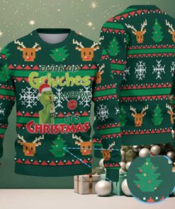 Dark Green Reindeer and Christmas Tree Pattern “Drink Up Grinches – It’s Christmas” Ugly Christmas Sweater Featuring Jameson Irish Whiskey
