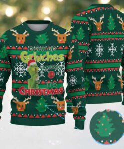 Dark Green Reindeer and Christmas Tree Pattern “Drink Up Grinches – It’s Christmas” Ugly Christmas Sweater Featuring Jameson Irish Whiskey