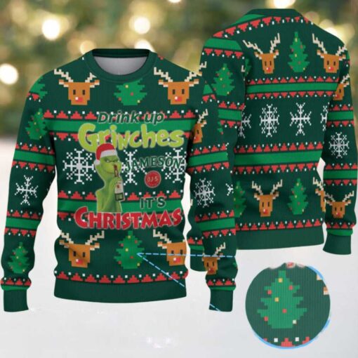 Dark Green Reindeer and Christmas Tree Pattern “Drink Up Grinches – It’s Christmas” Ugly Christmas Sweater Featuring Jameson Irish Whiskey
