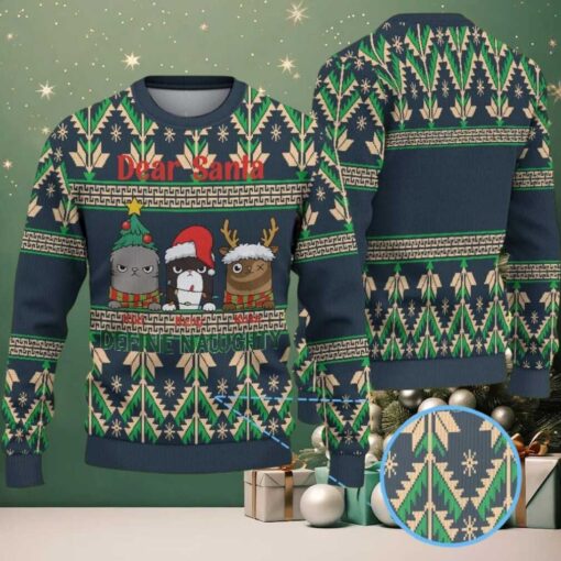 Dark Green Ugly Christmas Sweater with Beige and Green Tree Pattern Featuring Funny Grumpy Pets “Dear Santa Define Naughty”
