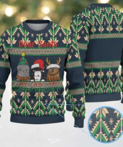 Dark Green Ugly Christmas Sweater with Beige and Green Tree Pattern Featuring Funny Grumpy Pets “Dear Santa Define Naughty”