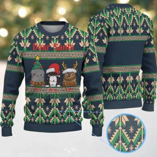 Dark Green Ugly Christmas Sweater with Beige and Green Tree Pattern Featuring Funny Grumpy Pets “Dear Santa Define Naughty”