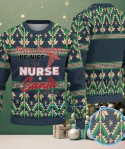 Dark Green Ugly Christmas Sweater with Beige and Green Tree Pattern Featuring Nurse Santa Holiday