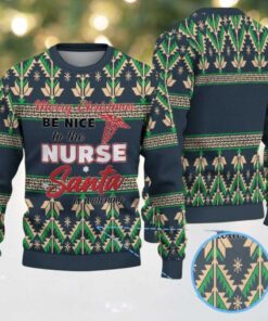 Dark Green Ugly Christmas Sweater with Beige and Green Tree Pattern Featuring Nurse Santa Holiday