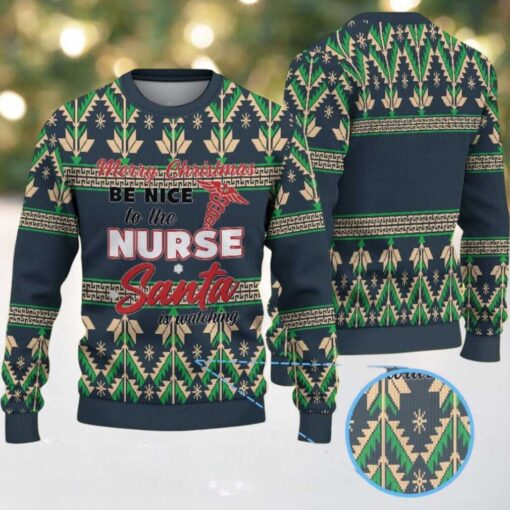 Dark Green Ugly Christmas Sweater with Beige and Green Tree Pattern Featuring Nurse Santa Holiday
