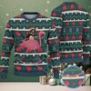 Black Ugly Christmas Sweater with White Snowflake Pattern Featuring Santa Dinosaur with Gift