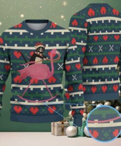 Dark Green Ugly Christmas Sweater with Red Heart and Geometric Pattern Featuring Cat Riding Pink Flamingo