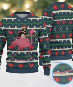 Dark Green Ugly Christmas Sweater with Red Heart and Geometric Pattern Featuring Cat Riding Pink Flamingo