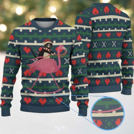 Dark Green Ugly Christmas Sweater with Red Heart and Geometric Pattern Featuring Cat Riding Pink Flamingo