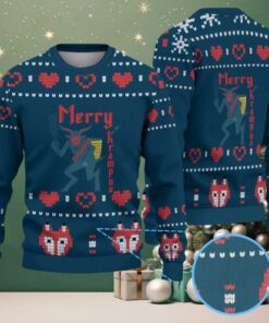 Dark Teal Heart Pattern “Merry Krampus Demon Face” Ugly Christmas Sweater