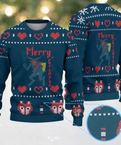 Dark Teal Heart Pattern “Merry Krampus Demon Face” Ugly Christmas Sweater