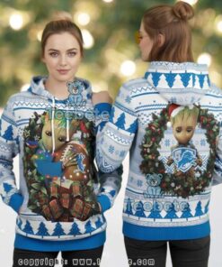 Detroit Lions Baby Groot Christmas Wreath Ugly 3D Hoodie Design Detroit Lions Baby Groot Christmas Wreath Ugly 3D Hoodie Design
