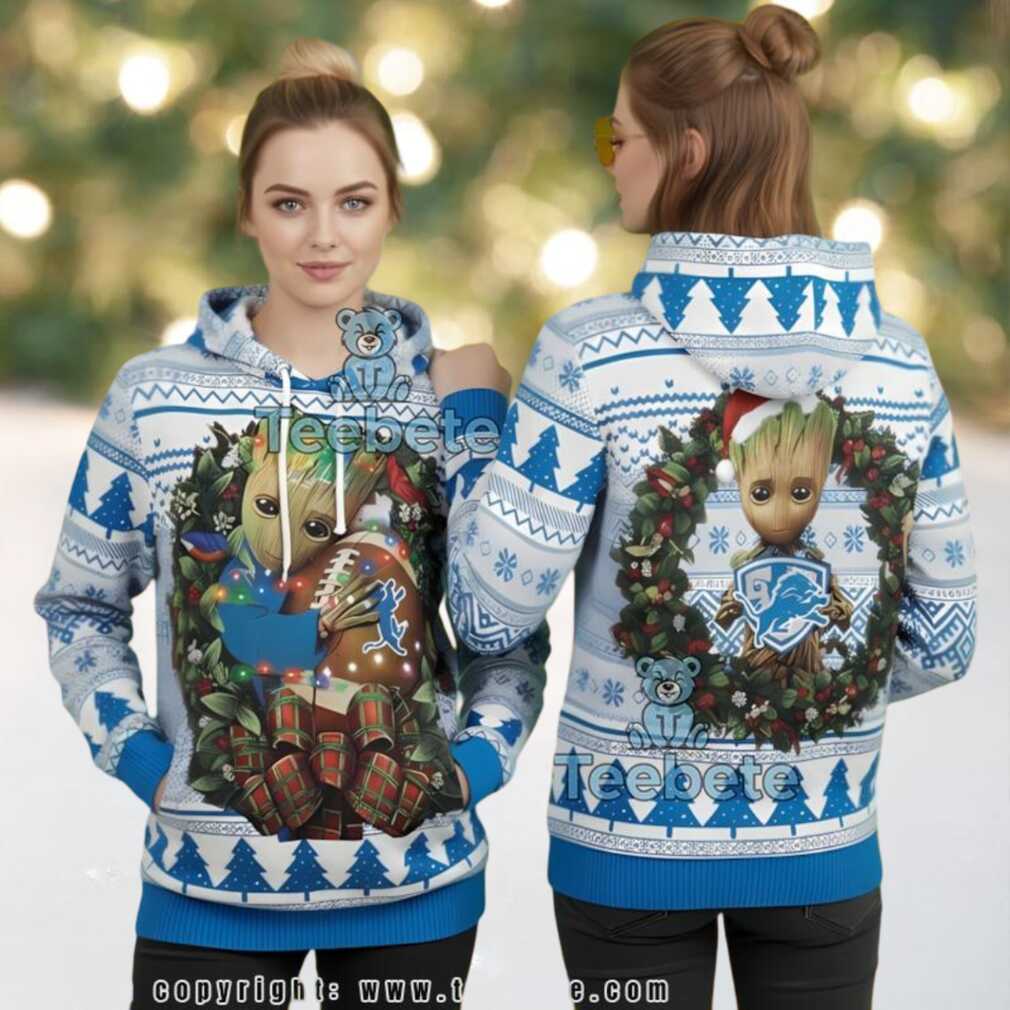 Detroit Lions Baby Groot Christmas Wreath Ugly 3D Hoodie Design Detroit Lions Baby Groot Christmas Wreath Ugly 3D Hoodie Design