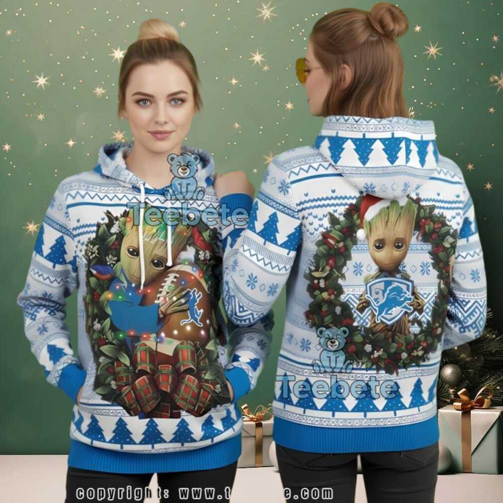 Detroit Lions Baby Groot Christmas Wreath Ugly 3D Hoodie Design Detroit Lions Baby Groot Christmas Wreath Ugly 3D Hoodie Design