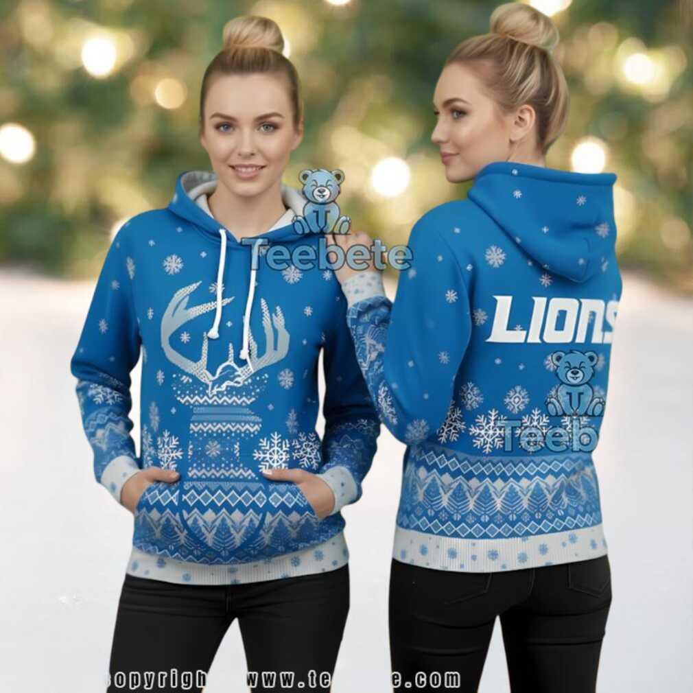Detroit Lions Christmas Deer Head 3D Ugly Hoodie Detroit Lions Christmas Deer Head 3D Ugly Hoodie