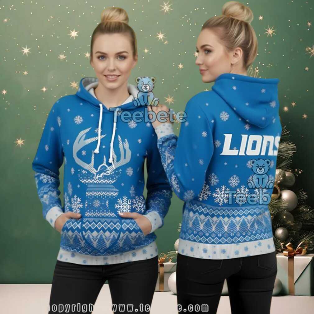Detroit Lions Christmas Deer Head 3D Ugly Hoodie Detroit Lions Christmas Deer Head 3D Ugly Hoodie