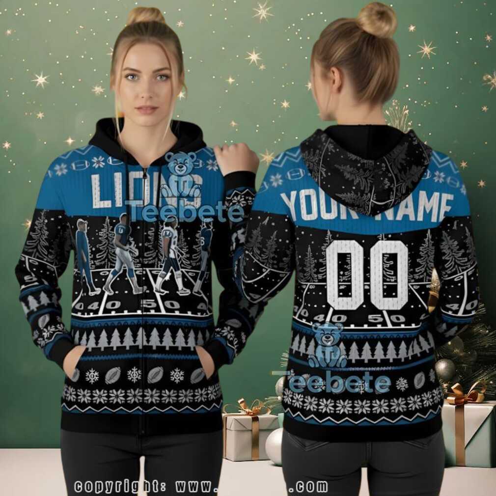 Detroit Lions Christmas Game Day Custom Name Ugly Christmas 3D Hoodie, hoodie, sweater, long sleeve and tank top Detroit Lions Christmas Game Day Ugly Christmas 3D Hoodie back view