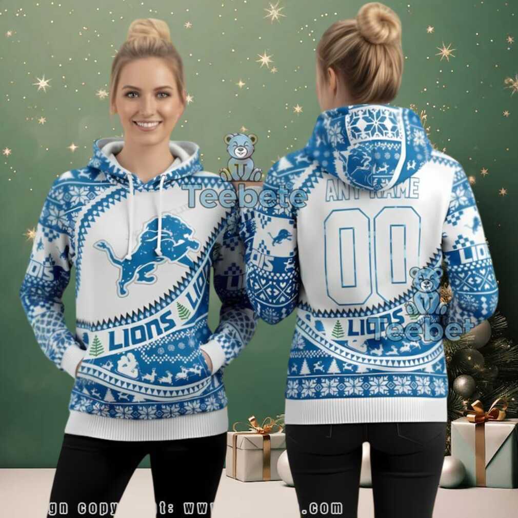 Detroit Lions Custom Ugly Christmas 3D Hoodie Gift For Fan, hoodie, sweater, long sleeve and tank top Person wearing Detroit Lions Custom Ugly Christmas 3D Hoodie Gift For Fan at a festive gathering