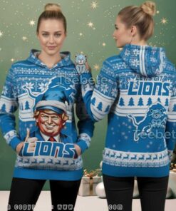 Detroit Lions Donald Trump Christmas Hat Ugly 3D Hoodie, hoodie, sweater, long sleeve and tank top Detroit Lions Donald Trump Christmas Hat Ugly 3D Hoodie