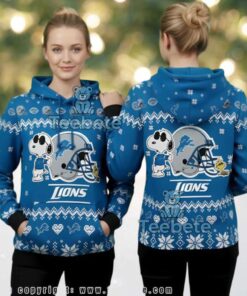 Detroit Lions Peanuts Snoopy Woodstock Blue 3D Ugly Christmas Hoodie