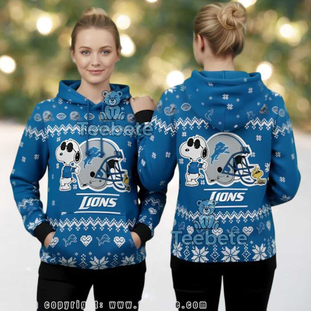 Detroit Lions Peanuts Snoopy Woodstock Blue 3D Ugly Christmas Hoodie, hoodie, sweater, long sleeve and tank top Detroit Lions Peanuts Snoopy Woodstock Blue 3D Ugly Christmas Hoodie front view