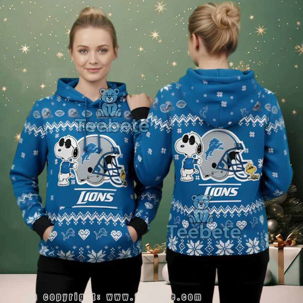 Detroit Lions Peanuts Snoopy Woodstock Blue 3D Ugly Christmas Hoodie, hoodie, sweater, long sleeve and tank top Detroit Lions Peanuts Snoopy Woodstock Blue 3D Ugly Christmas Hoodie back view