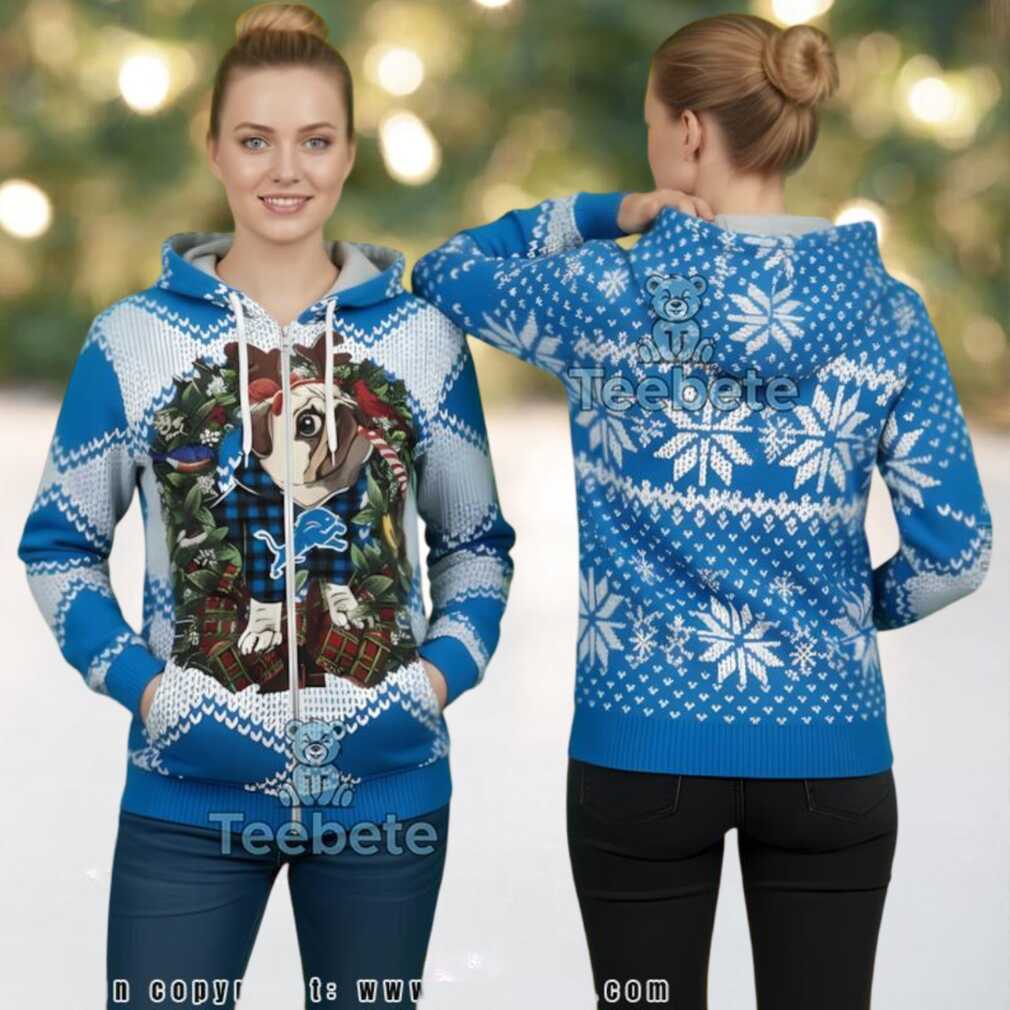 Detroit Lions Pug Dog Reindeer Ugly Christmas 3D Hoodie Detroit Lions Pug Dog Reindeer Ugly Christmas 3D Hoodie