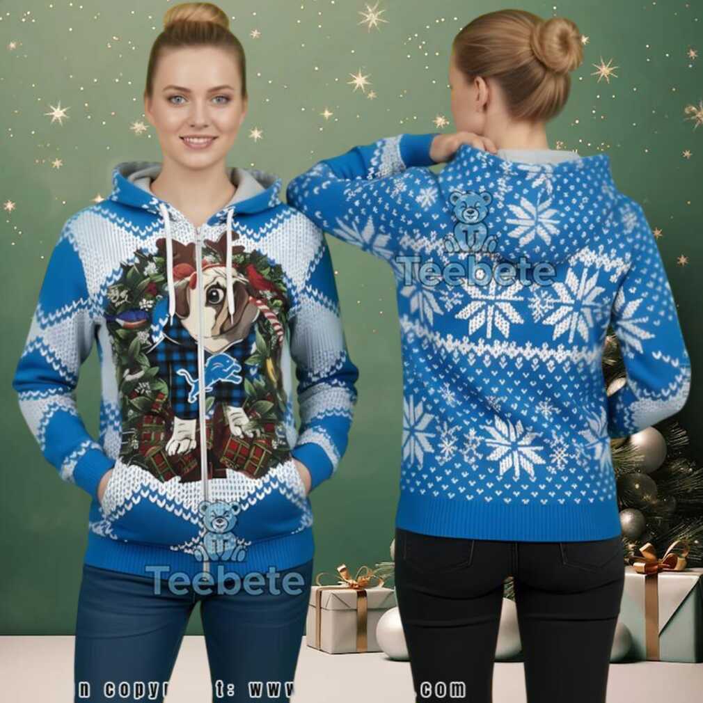 Detroit Lions Pug Dog Reindeer Ugly Christmas 3D Hoodie Detroit Lions Pug Dog Reindeer Ugly Christmas 3D Hoodie
