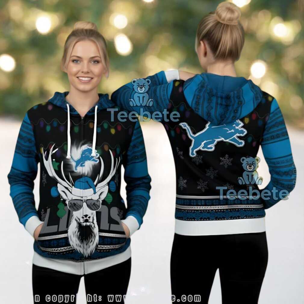 Detroit Lions Santa Reindeer Ugly Christmas 3D Hoodie Design Detroit Lions Santa Reindeer Ugly Christmas 3D Hoodie Design