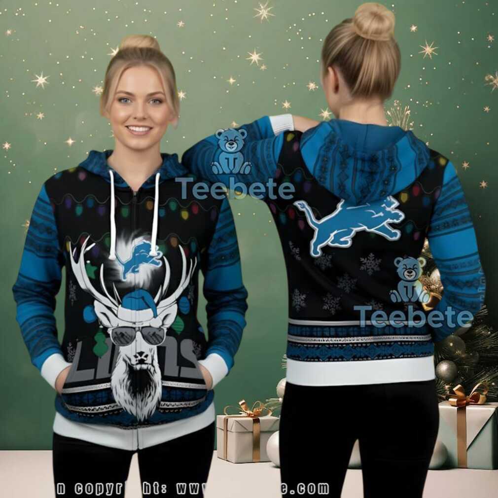 Detroit Lions Santa Reindeer Ugly Christmas 3D Hoodie Design Detroit Lions Santa Reindeer Ugly Christmas 3D Hoodie Design