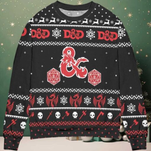 Dungeons And Dragons Dice Snowflake Pattern Ugly Christmas Sweater Black