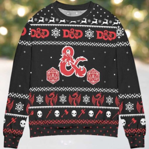 Dungeons And Dragons Dice Snowflake Pattern Ugly Christmas Sweater Black