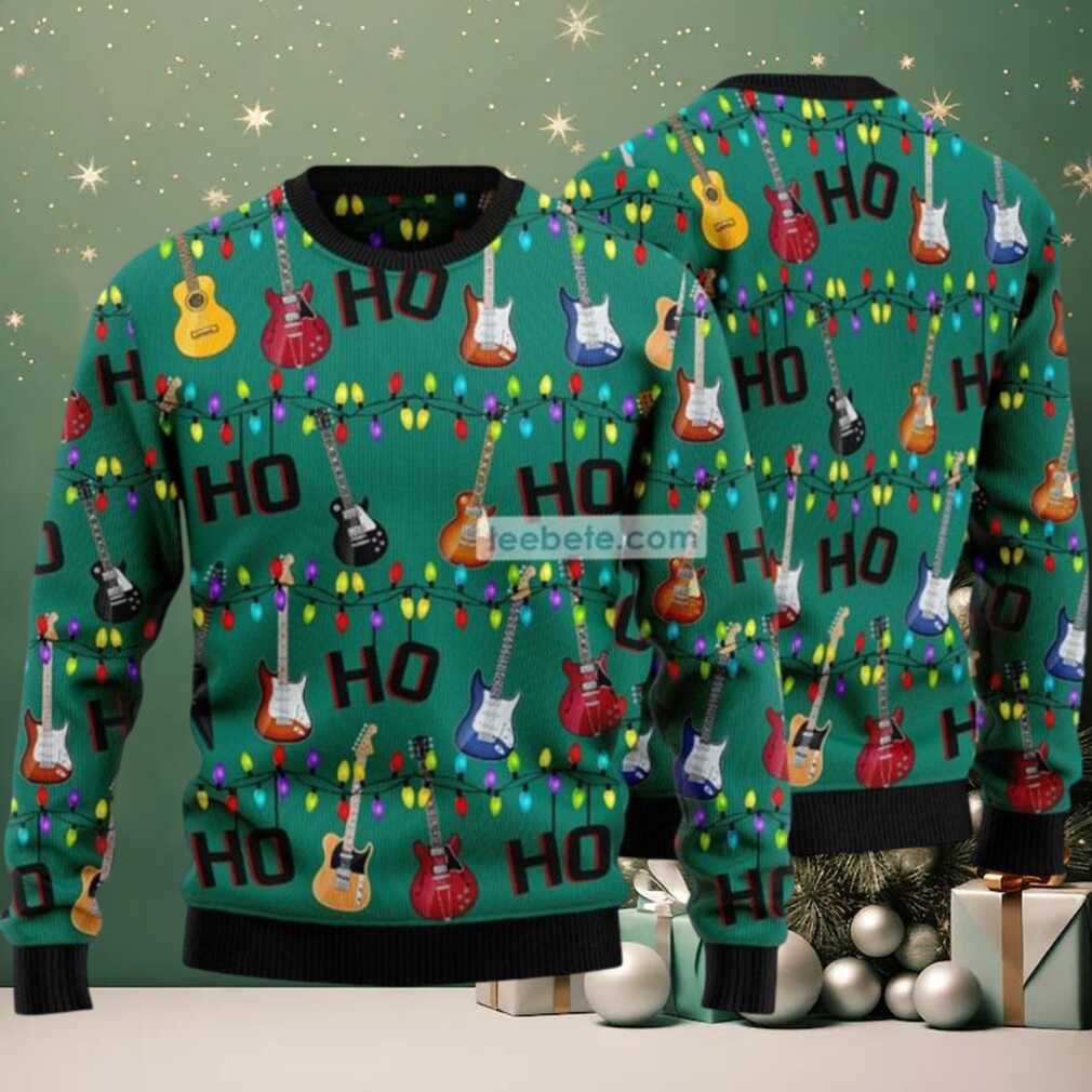 Electric Guitar Hohoho Ugly Christmas Sweater Green Light Up Electric Guitar Hohoho Ugly Christmas Sweater Green Light Up