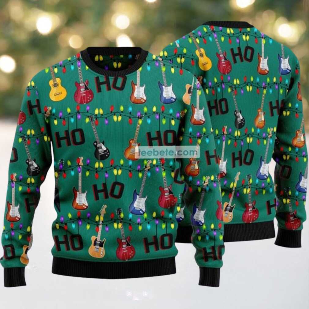 Electric Guitar Hohoho Ugly Christmas Sweater Green Light Up Electric Guitar Hohoho Ugly Christmas Sweater Green Light Up
