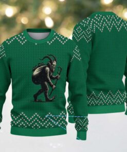 Emerald Green Chevron Knit “Classic Krampus with Sack” Ugly Christmas Sweater