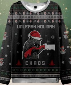 Funny Cat Unleash Holiday Chaos Christmas Ugly Sweater