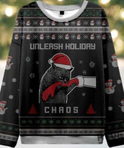 Funny Cat Unleash Holiday Chaos Christmas Ugly Sweater
