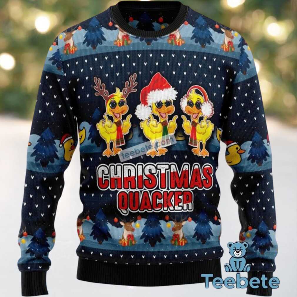 Funny Duck Christmas Quacker Ugly Sweater Blue Holidays, hoodie, sweater, long sleeve and tank top Funny Duck Christmas Quacker Ugly Sweater Blue Holidays, close-up of duck design