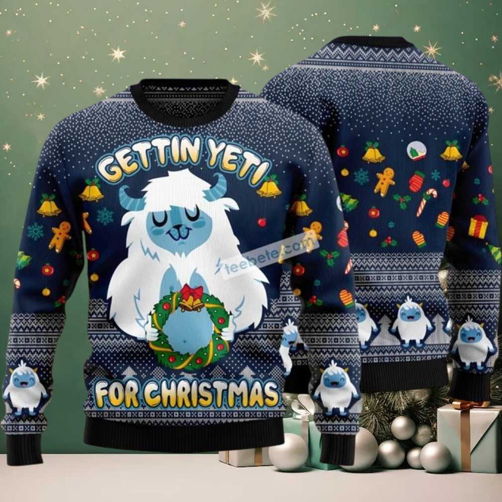 Gettin Yeti Hold Christmas Wreath Ugly Christmas Sweater Blue Party, hoodie, sweater, long sleeve and tank top Gettin Yeti Hold Christmas Wreath Ugly Christmas Sweater Blue Party