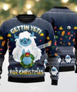 Gettin Yeti Hold Christmas Wreath Ugly Christmas Sweater Blue Party, hoodie, sweater, long sleeve and tank top Gettin Yeti Hold Christmas Wreath Ugly Christmas Sweater Blue Party