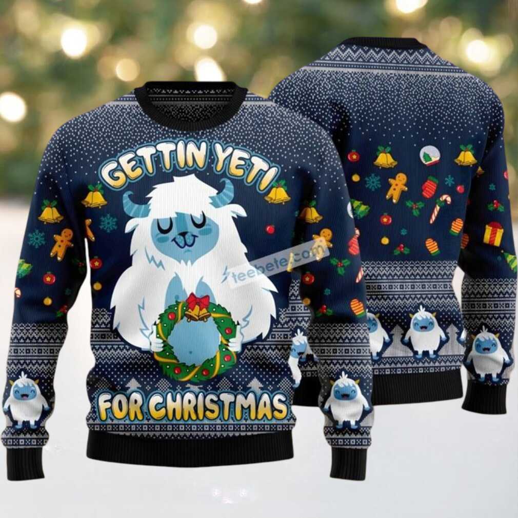 Gettin Yeti Hold Christmas Wreath Ugly Christmas Sweater Blue Party, hoodie, sweater, long sleeve and tank top Gettin Yeti Hold Christmas Wreath Ugly Christmas Sweater Blue Party