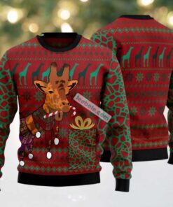 Giraffe Holding Candy Ugly Christmas Sweater Red Ugliest, hoodie, sweater, long sleeve and tank top Giraffe Holding Candy Ugly Christmas Sweater Red Ugliest